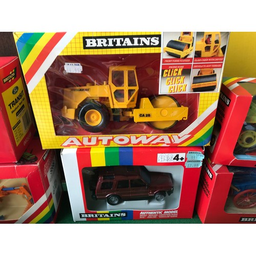 990 - Britains diecast model vehicles, boxed. 9598 Ford Tractor, 00233B Transit, 9480 Land Rover, 9818 Roa... 