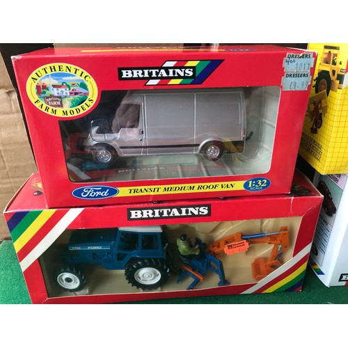 990 - Britains diecast model vehicles, boxed. 9598 Ford Tractor, 00233B Transit, 9480 Land Rover, 9818 Roa... 