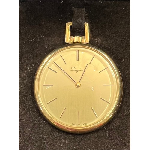 913 - A Longines gold plated mechanical pocket watch in original case.