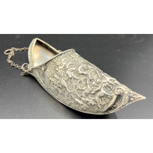 824 - A silver wall pocket in the form of a slipper decorated with hunting scenes. Maker George Nathan and... 