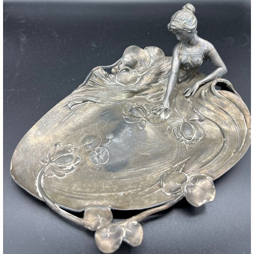 1255 - A WMF Art Nouveau dish, female figure in a lily pond.  25 x 20cm.