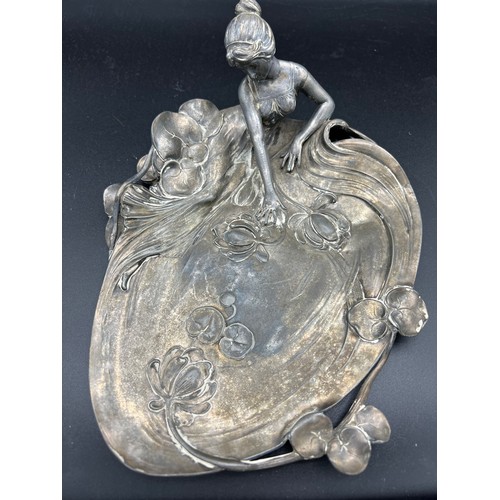 1255 - A WMF Art Nouveau dish, female figure in a lily pond.  25 x 20cm.