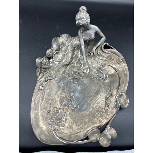 1255 - A WMF Art Nouveau dish, female figure in a lily pond.  25 x 20cm.