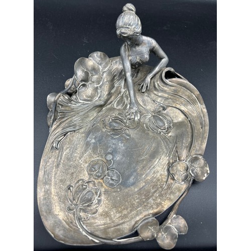 1255 - A WMF Art Nouveau dish, female figure in a lily pond.  25 x 20cm.