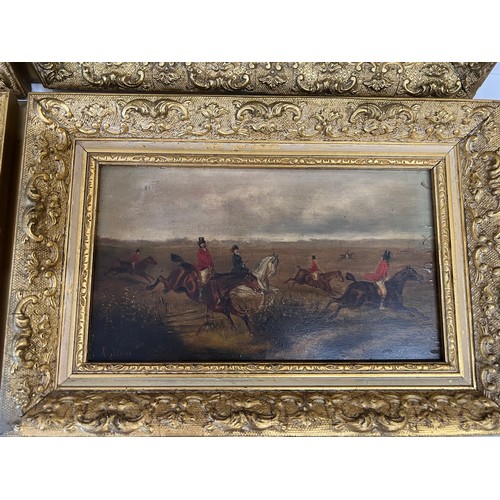 1298 - Robert Stone (1820-1870) - a series of four oil on board hunting scenes signed L.L. framed in decora... 