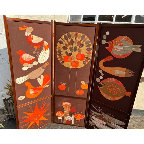 690 - A 3 fold dressing screen with mid century appliqué work panels . Each panel 171 h x 60cm w.