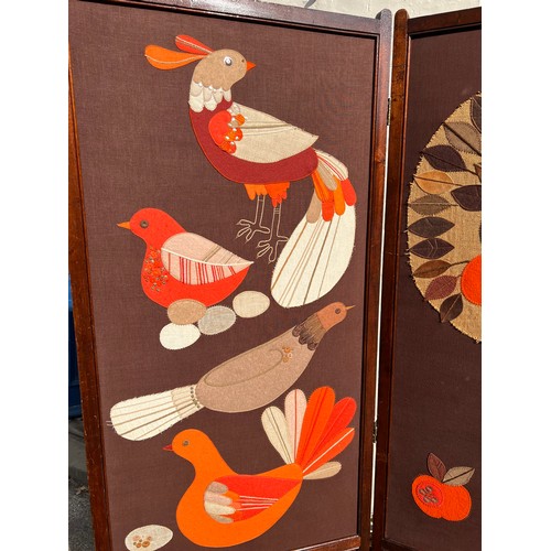 690 - A 3 fold dressing screen with mid century appliqué work panels . Each panel 171 h x 60cm w.