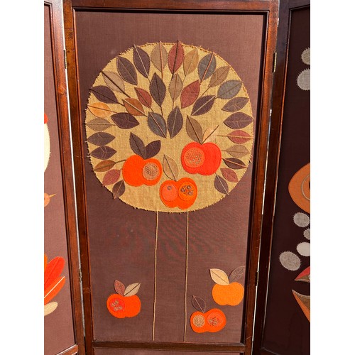 690 - A 3 fold dressing screen with mid century appliqué work panels . Each panel 171 h x 60cm w.