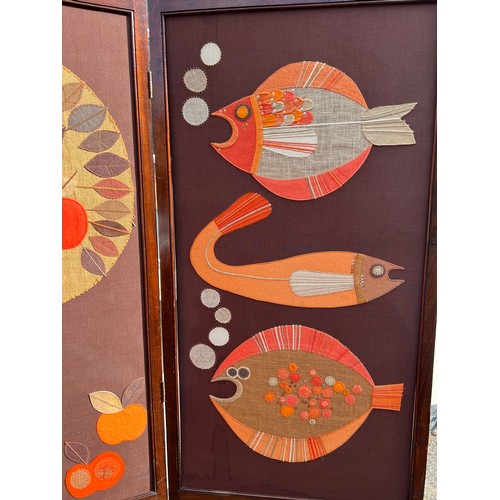 690 - A 3 fold dressing screen with mid century appliqué work panels . Each panel 171 h x 60cm w.