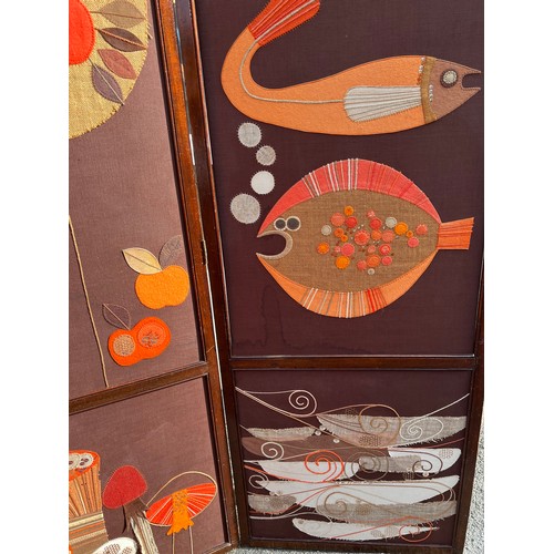 690 - A 3 fold dressing screen with mid century appliqué work panels . Each panel 171 h x 60cm w.