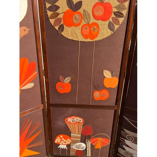 690 - A 3 fold dressing screen with mid century appliqué work panels . Each panel 171 h x 60cm w.