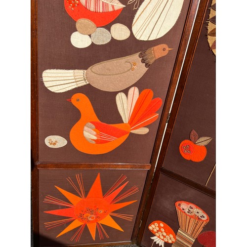 690 - A 3 fold dressing screen with mid century appliqué work panels . Each panel 171 h x 60cm w.