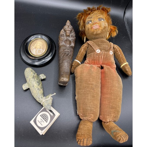 1260 - Miscellany to include Nora Wellings doll, Egyptian Mummy, chalk relief of Christ in ebonised oval fr... 