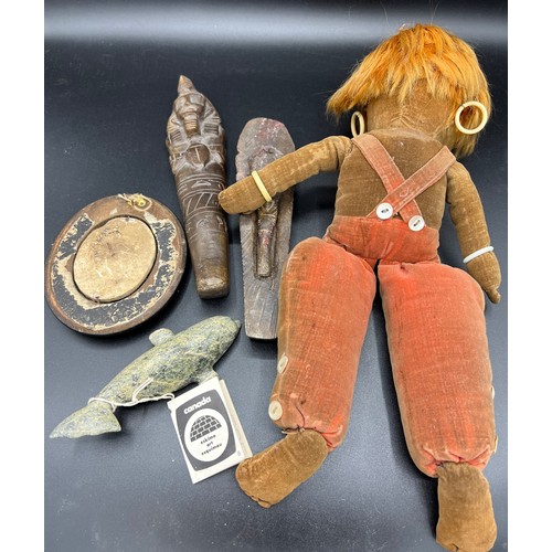 1260 - Miscellany to include Nora Wellings doll, Egyptian Mummy, chalk relief of Christ in ebonised oval fr... 