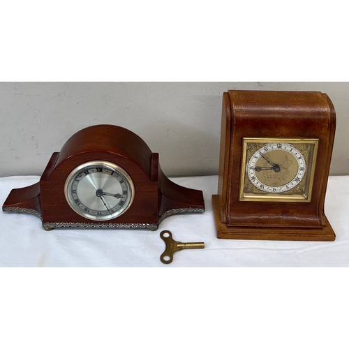 1018 - A leather covered Elliott mantle clock 20cm h together with mahogany brass mounted mantle clock.