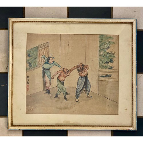 1296 - Japanese School watercolour (19thC) Figures in a fighting scene. Seal marks to left side, image 27cm... 