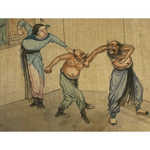 1296 - Japanese School watercolour (19thC) Figures in a fighting scene. Seal marks to left side, image 27cm... 