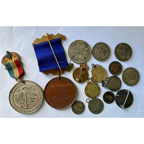 689 - Assorted medals and coins including Hull Times long service medal , 1 Florin 1933, Civil Defence Cor... 