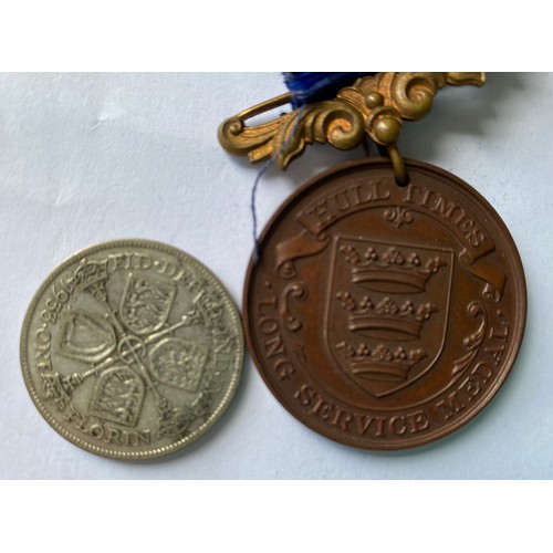 689 - Assorted medals and coins including Hull Times long service medal , 1 Florin 1933, Civil Defence Cor... 