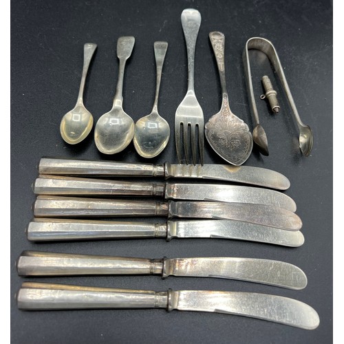 821 - Silver to include four spoons, sugar tongs, fork, pencil and silver handled knives- various dates an... 