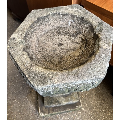 207 - A vintage stone bird bath in 3 pieces. 82 h x 33cm d.