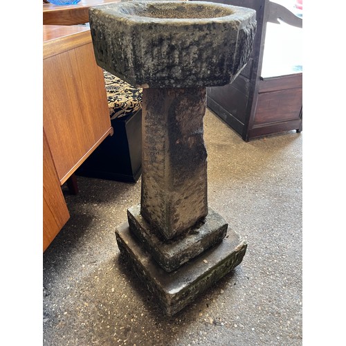 207 - A vintage stone bird bath in 3 pieces. 82 h x 33cm d.