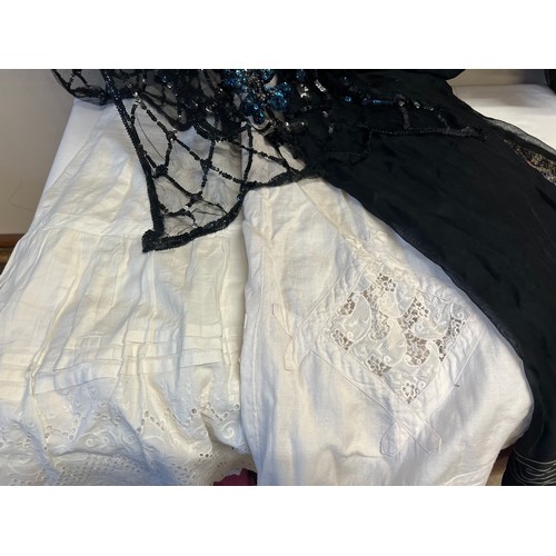 703 - Costume to include 1920's beaded/sequinned dresses, cotton petticoats, beadwork belt and black scarf... 