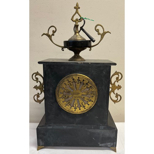 1020 - A 19thC French marble mantle clock on brass paw feet and white enamel dial. 43 x 27cm.