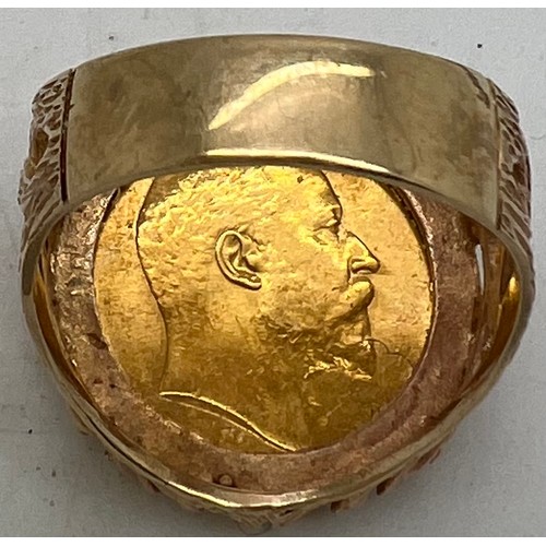 688 - A 1907 half sovereign mounted in 9ct gold to form a ring. Size O. 9gm.