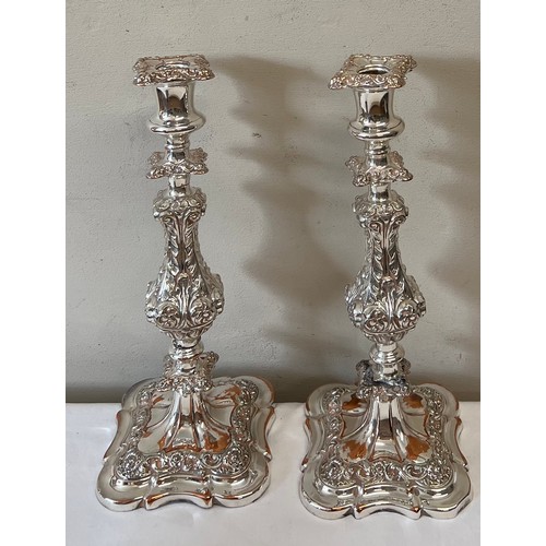 784 - Good quality silver plated candlesticks with removable sconces 33cm h together with a copper lustre ... 