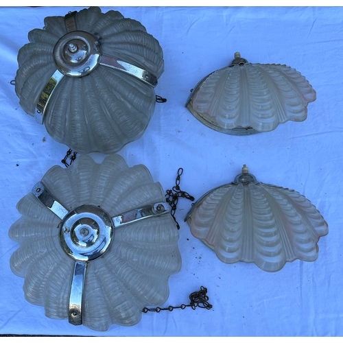 1081 - Art Deco chrome and opaque glass shell light fittings, 2 pendant and 2 wall lights. 2 wall lights 21... 