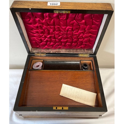 1092 - Three 19thC boxes to include mahogany tea caddy, combined work/writing box and a parquetry box.