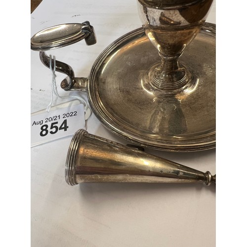 854 - Georgian silver chamberstick with associated Victorian snuffer. Total weight 178gm. Chamberstick Lon... 