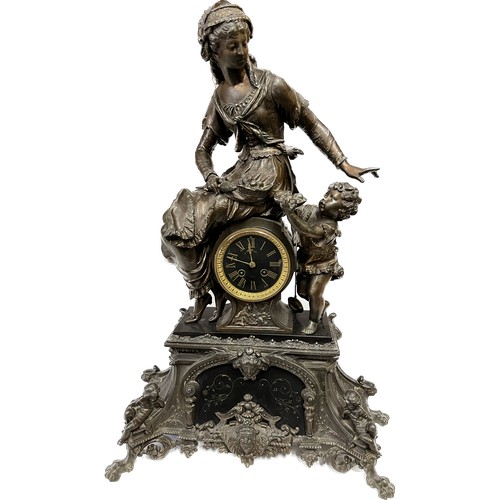 1184 - Large bronze and black marble ornate French mantle clock, depicting a seated classical female figure... 