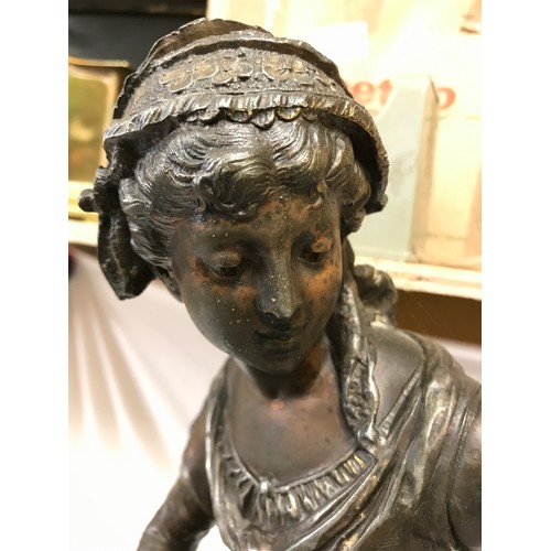 1184 - Large bronze and black marble ornate French mantle clock, depicting a seated classical female figure... 