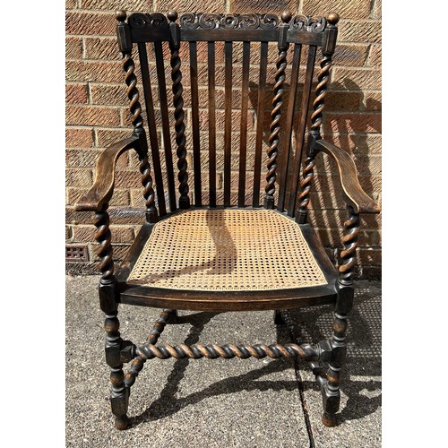 65 - A cane seated oak barley twist armchair.