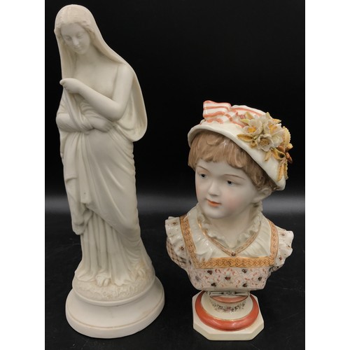 294 - KPM 19thC porcelain bust of a young girl on an octagonal base 25cm together with a tall bisque figur... 