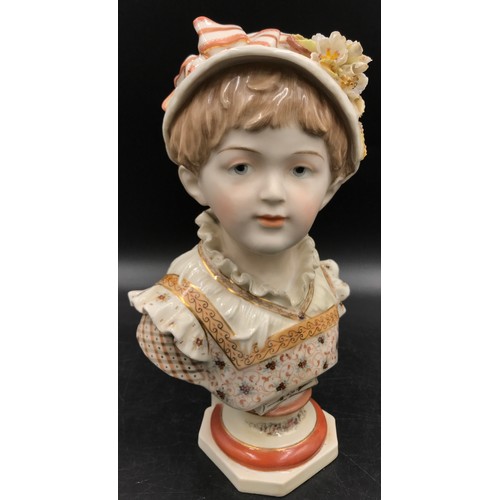 294 - KPM 19thC porcelain bust of a young girl on an octagonal base 25cm together with a tall bisque figur... 