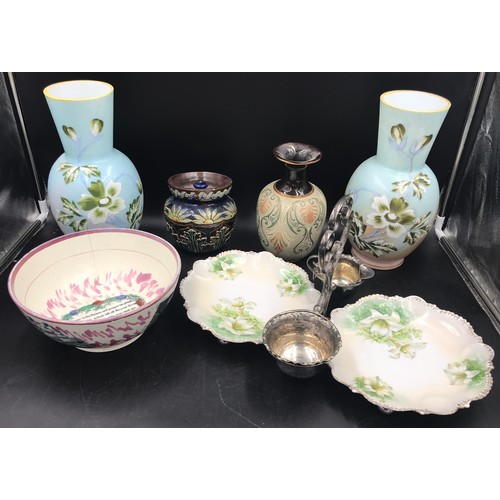 283 - Lot of mixed ceramics to include two 19thC glass vases, a tobacco jar with lid, bowl, vase and a tra... 