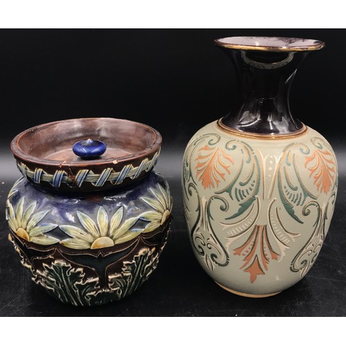 283 - Lot of mixed ceramics to include two 19thC glass vases, a tobacco jar with lid, bowl, vase and a tra... 