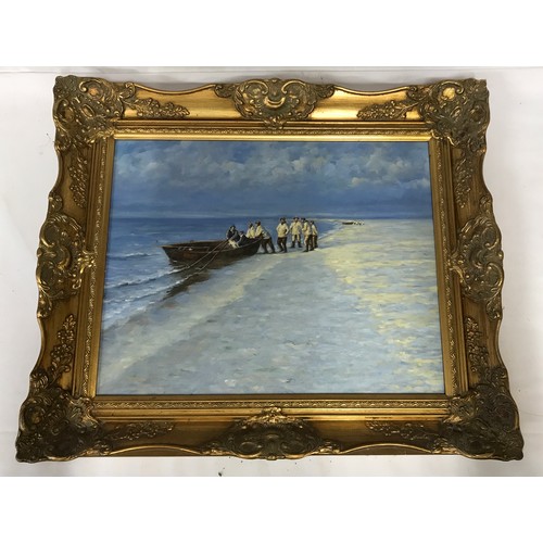 1584 - Oil on canvas coastal scene of boat with figures in an ornate gold frame. 40 x 50cm. Unsigned.