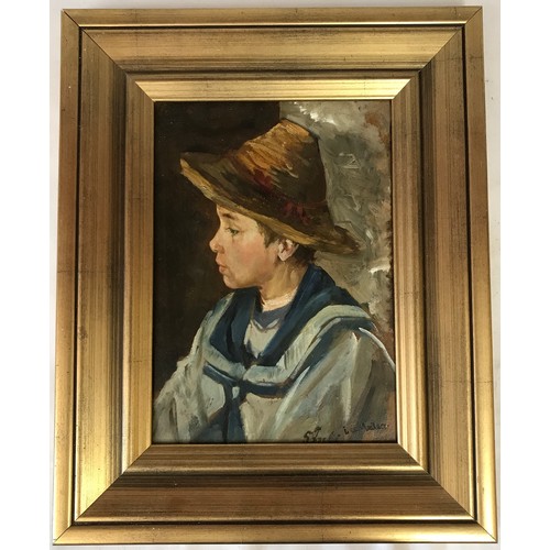 1590 - Oil on board of a young boy, image measuring 28 x 20cm signed indistinctly in the right-hand corner.