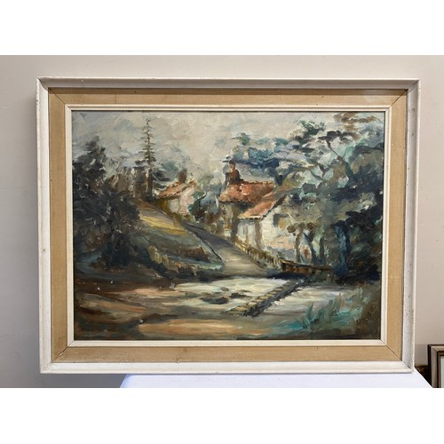 1594 - R. F. Bennett oil on board - country lane with cottages and stream in mid-century frame. Image 59 x ... 