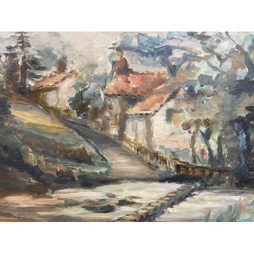 1594 - R. F. Bennett oil on board - country lane with cottages and stream in mid-century frame. Image 59 x ... 