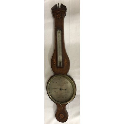 1188 - Victorian mahogany barometer with inlaid shell and floral panels. Steel face. 99 h x 25cm w.