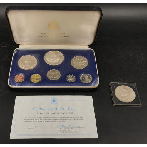 664 - Boxed Franklin Mint 1974 Coinage of Barbados Proof Set together with a 1953 Coronation Five Shilling... 