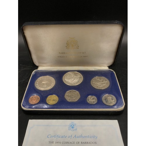 664 - Boxed Franklin Mint 1974 Coinage of Barbados Proof Set together with a 1953 Coronation Five Shilling... 