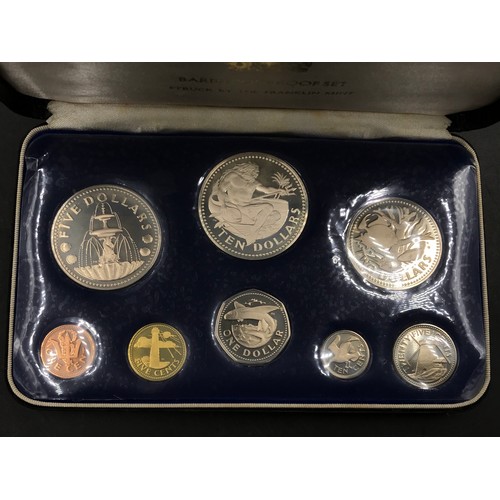 664 - Boxed Franklin Mint 1974 Coinage of Barbados Proof Set together with a 1953 Coronation Five Shilling... 