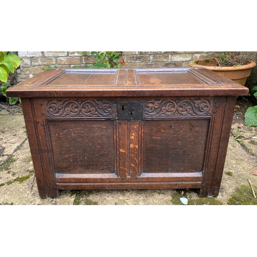 59 - Late 17thC /early 18thC Oak two panelled kist with carved front frieze, candle compartment and origi... 