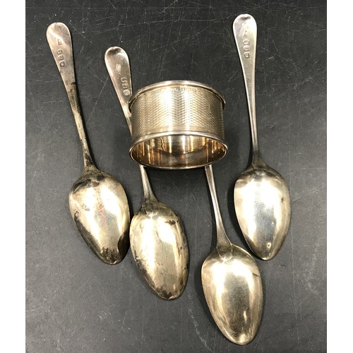 748 - Four silver teaspoons London 1806 maker SA and the initial C at the end, and a napkin ring Birmingha... 